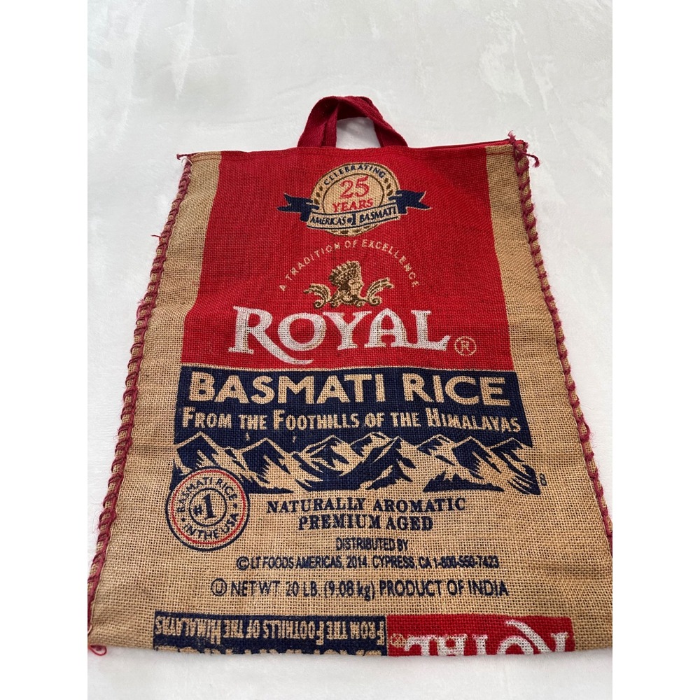 Royal Basmati Rice Burlap Tote Bag Reusable Zippered Market Sack Red Tan 18x13.5